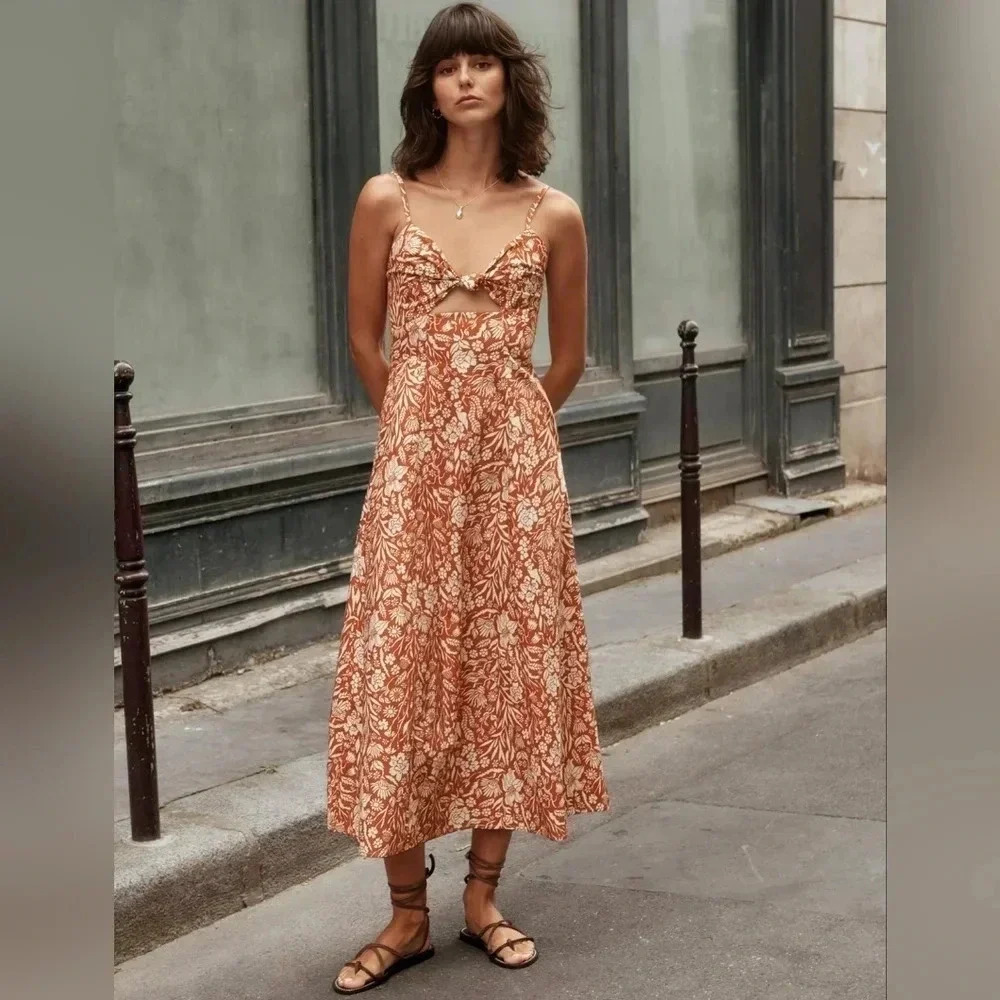 Pixie Market Custom Adobe Boho Floral Sundress Print Knot Midi Dress Size XS.